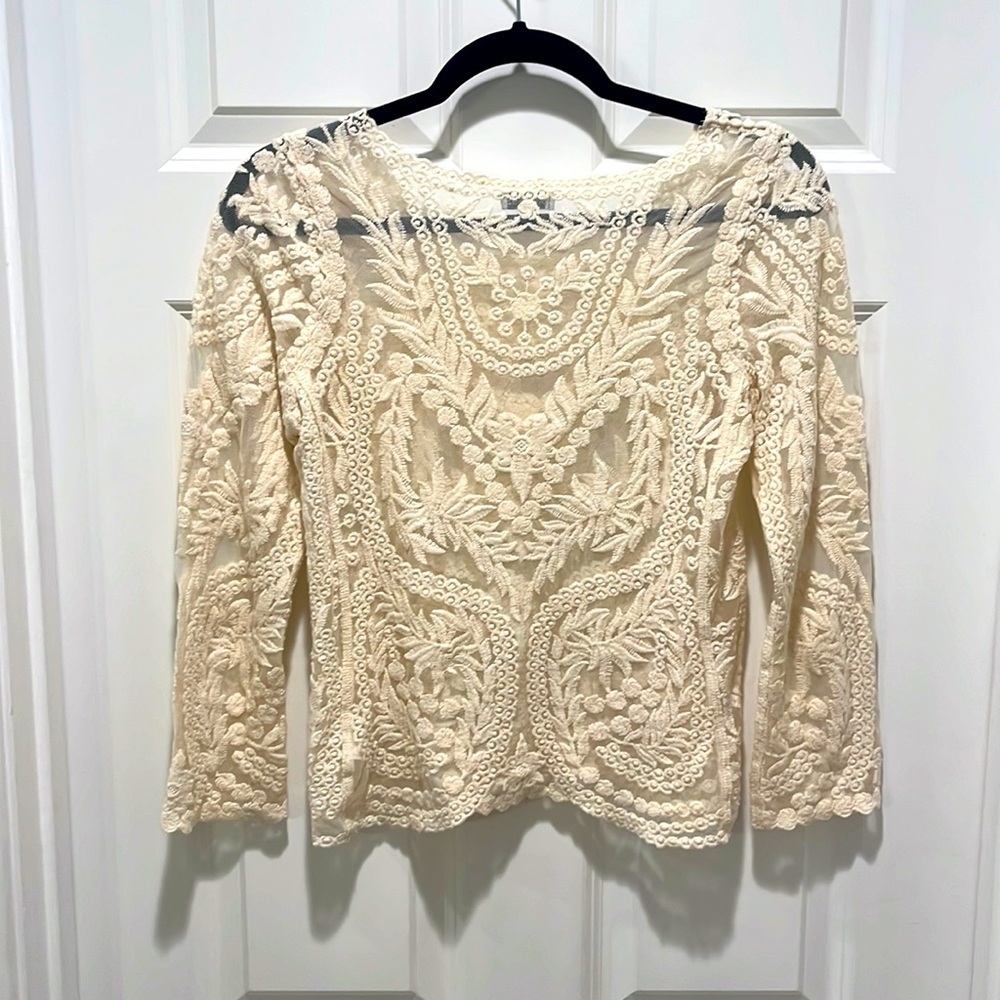 Express Cream Lace Embroidered Long Sleeve Blouse